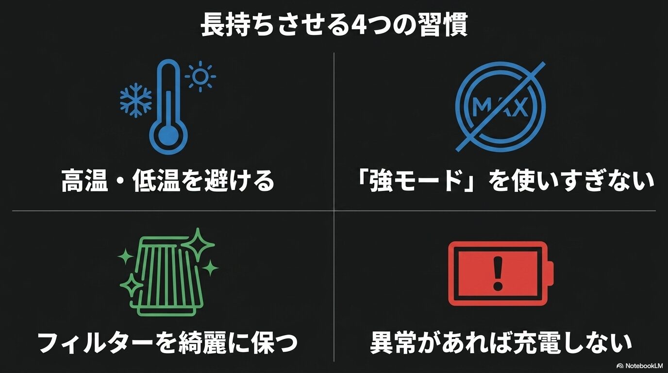 高温と低温を避け強モードを使いすぎずフィルターを清掃して異常時は充電しない4つの習慣