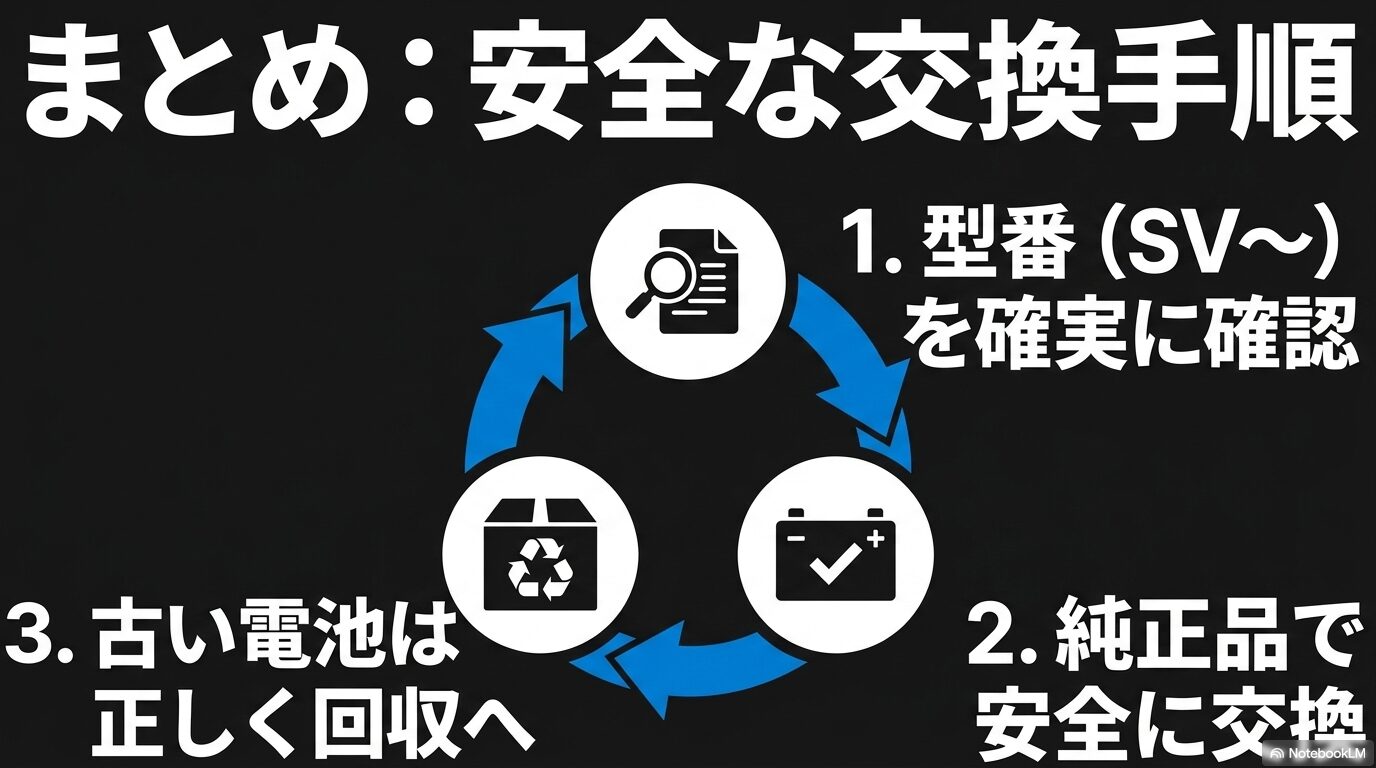SV型番を確認し純正バッテリーへ交換して古い電池を正しく回収する安全な手順