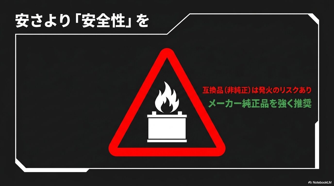 非純正バッテリーの発火リスクに注意しダイソン純正品を優先することを示す図