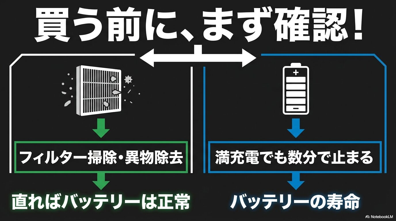 フィルターや吸込口の詰まりとバッテリー寿命を切り分ける確認手順